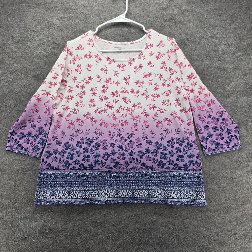 Appleseed's T-Shirt Womens PL Multicolor Floral 3/4 Sleeve Crew Border Print